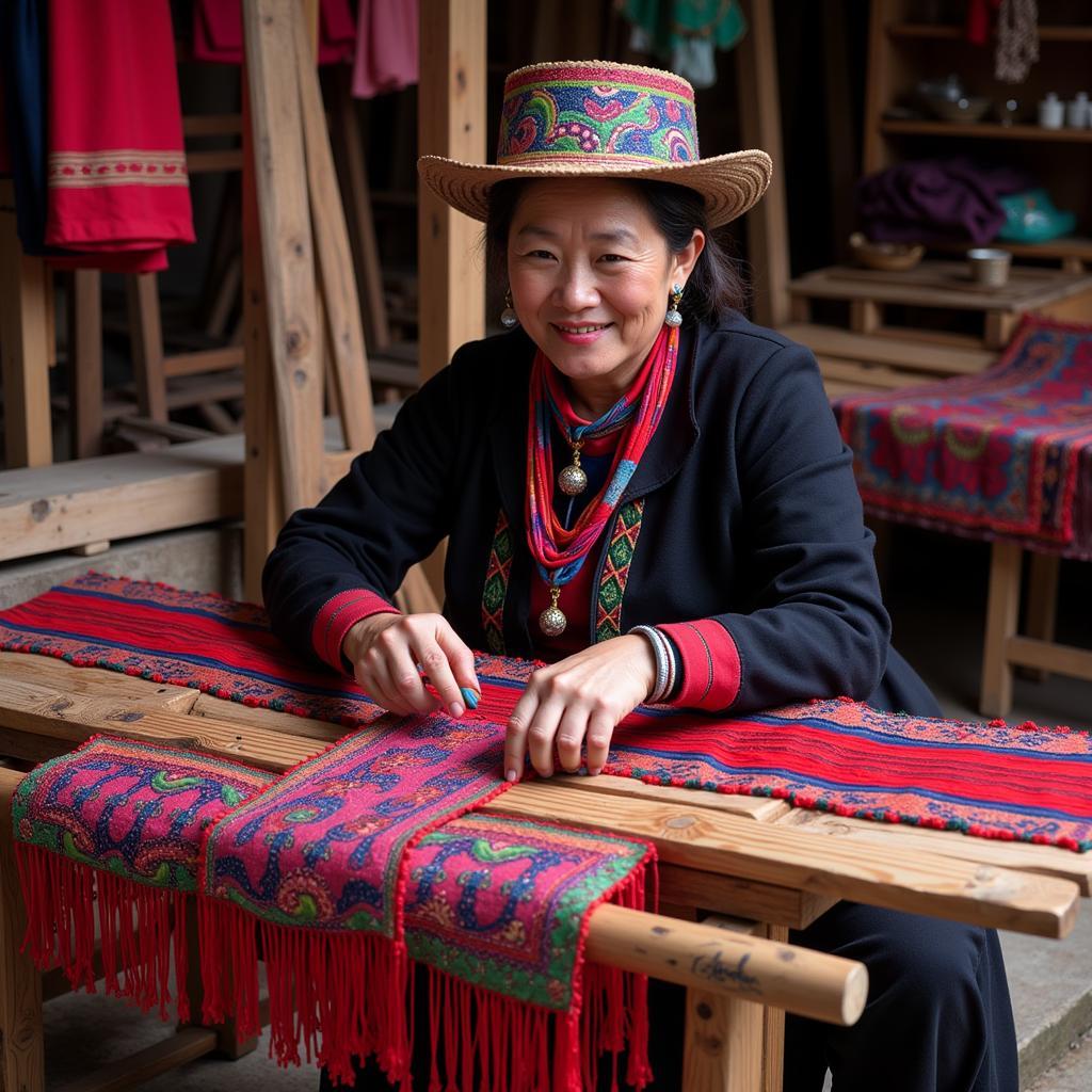 A Hmong woman skillfully weaves intricate patterns on a traditional loom.