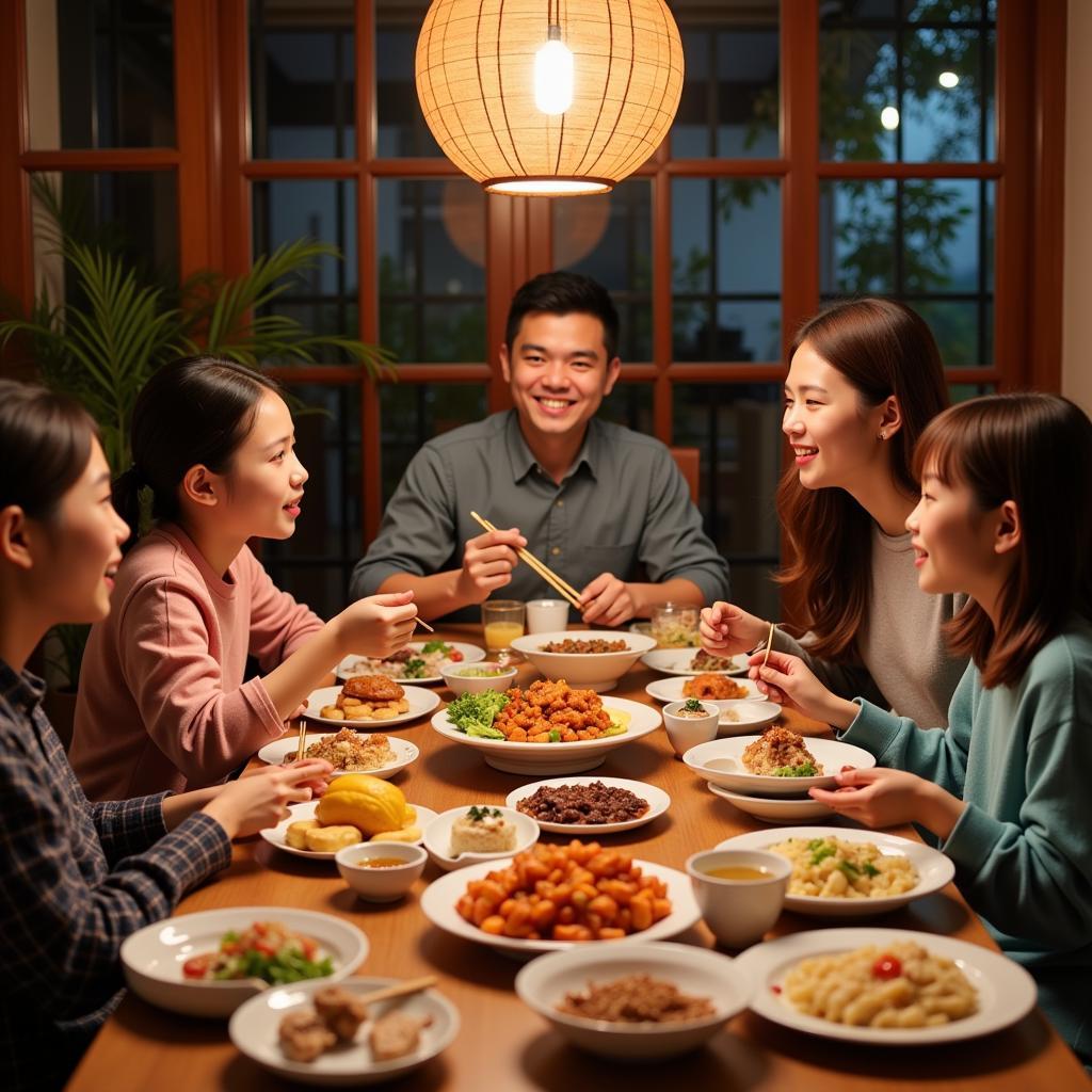 Homestay agency in China facilitating cultural immersion with a Chinese family enjoying a meal together.