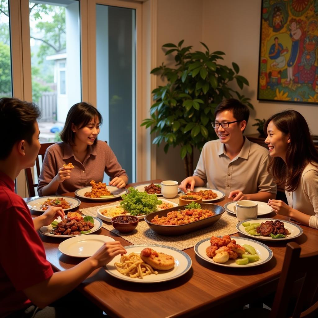 A family enjoying a traditional Malaysian dinner together in a homestay banglo in Keramat