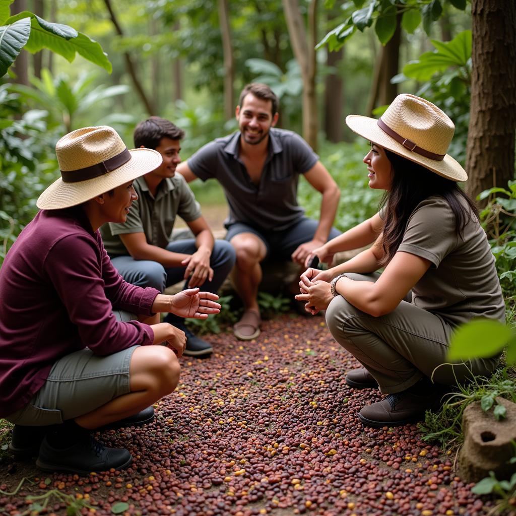 A group of travelers interacting with locals at a homestay in Chikmagalur, learning about coffee processing.