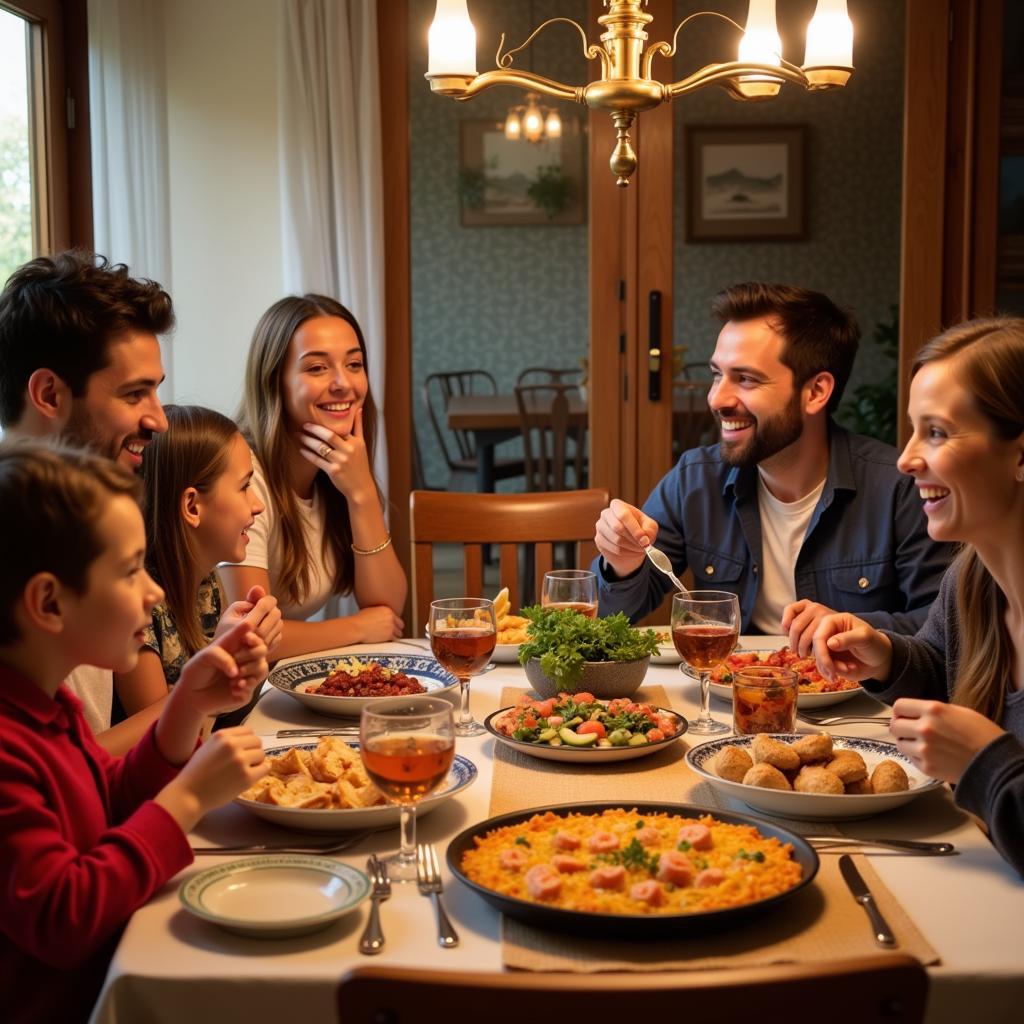 Family enjoying a traditional Spanish dinner