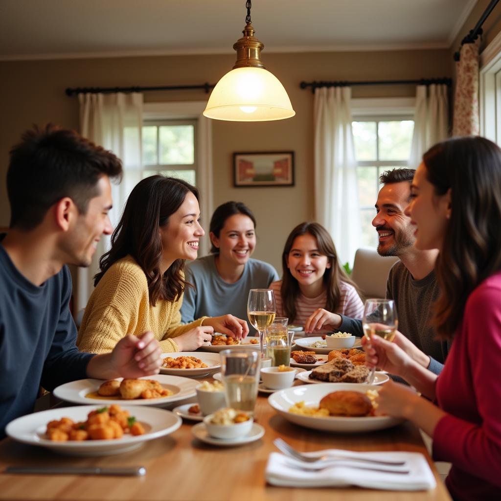 Family enjoying dinner together in a homestay setting