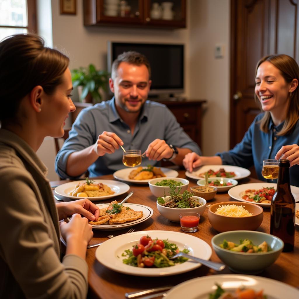 Family enjoying a traditional Spanish dinner together during a homestay