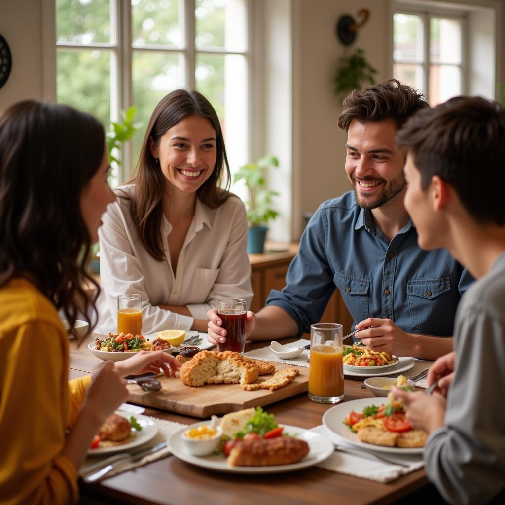 Happy homestay family enjoying dinner together in the United States