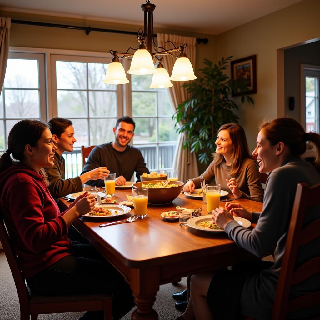 Homestay family enjoying dinner together in a cozy American home