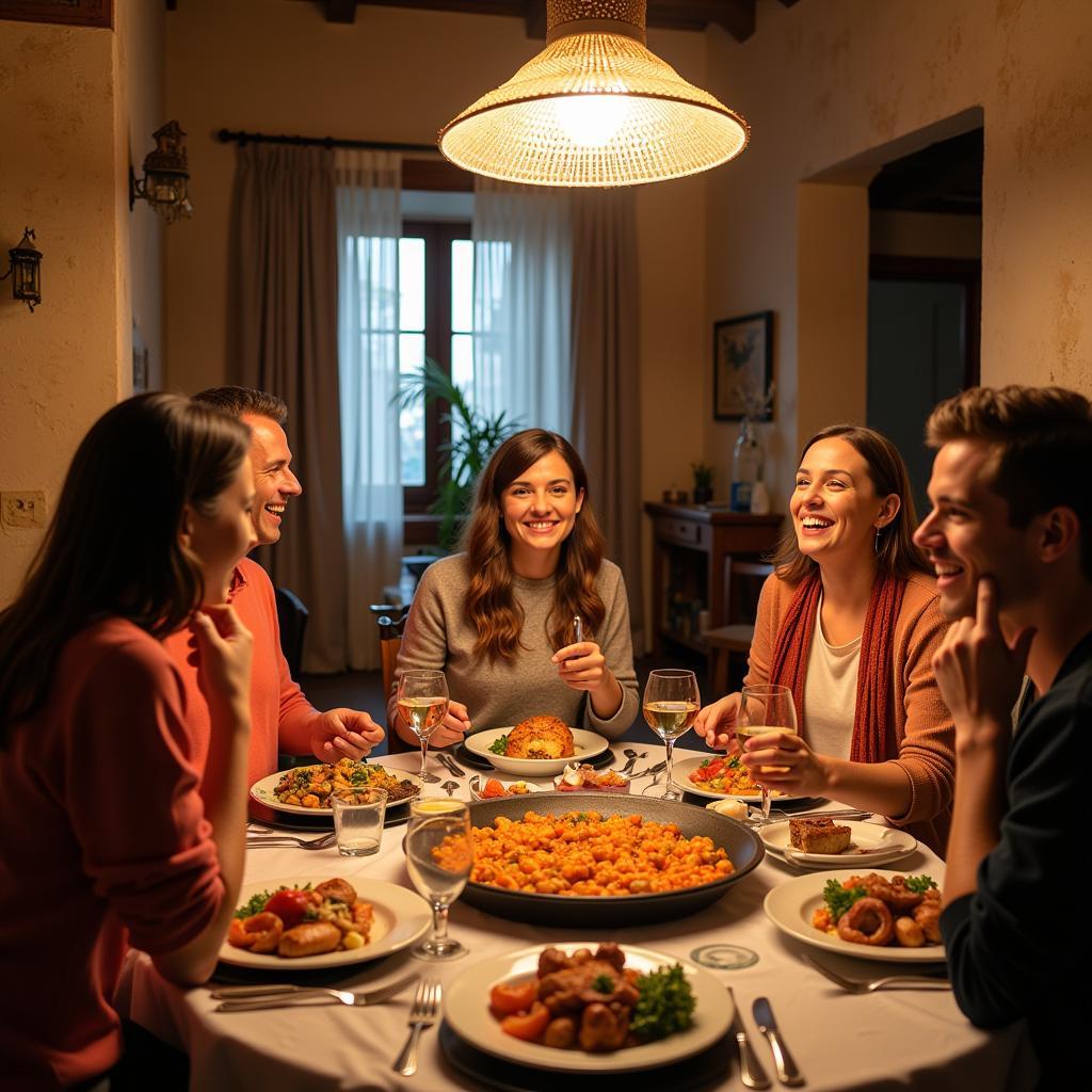 A Spanish homestay family sharing paella with their guest