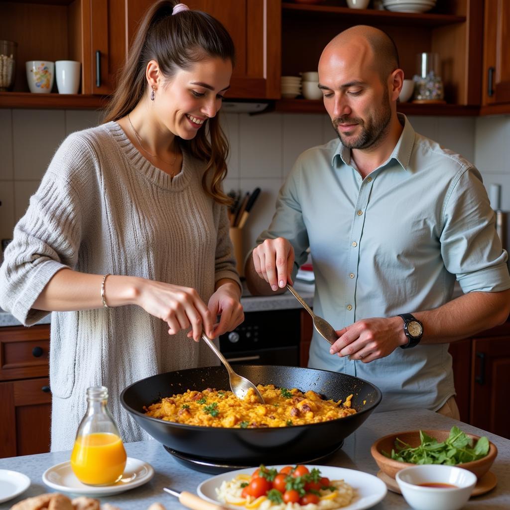 Homestay Guest Learning to Cook Paella in Spain