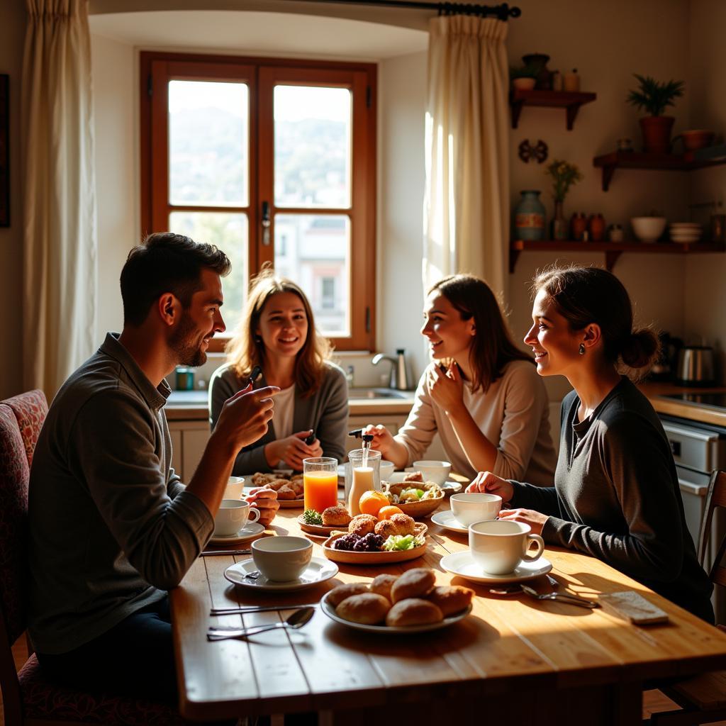 Spanish family enjoying breakfast together in a homestay in Ilihan