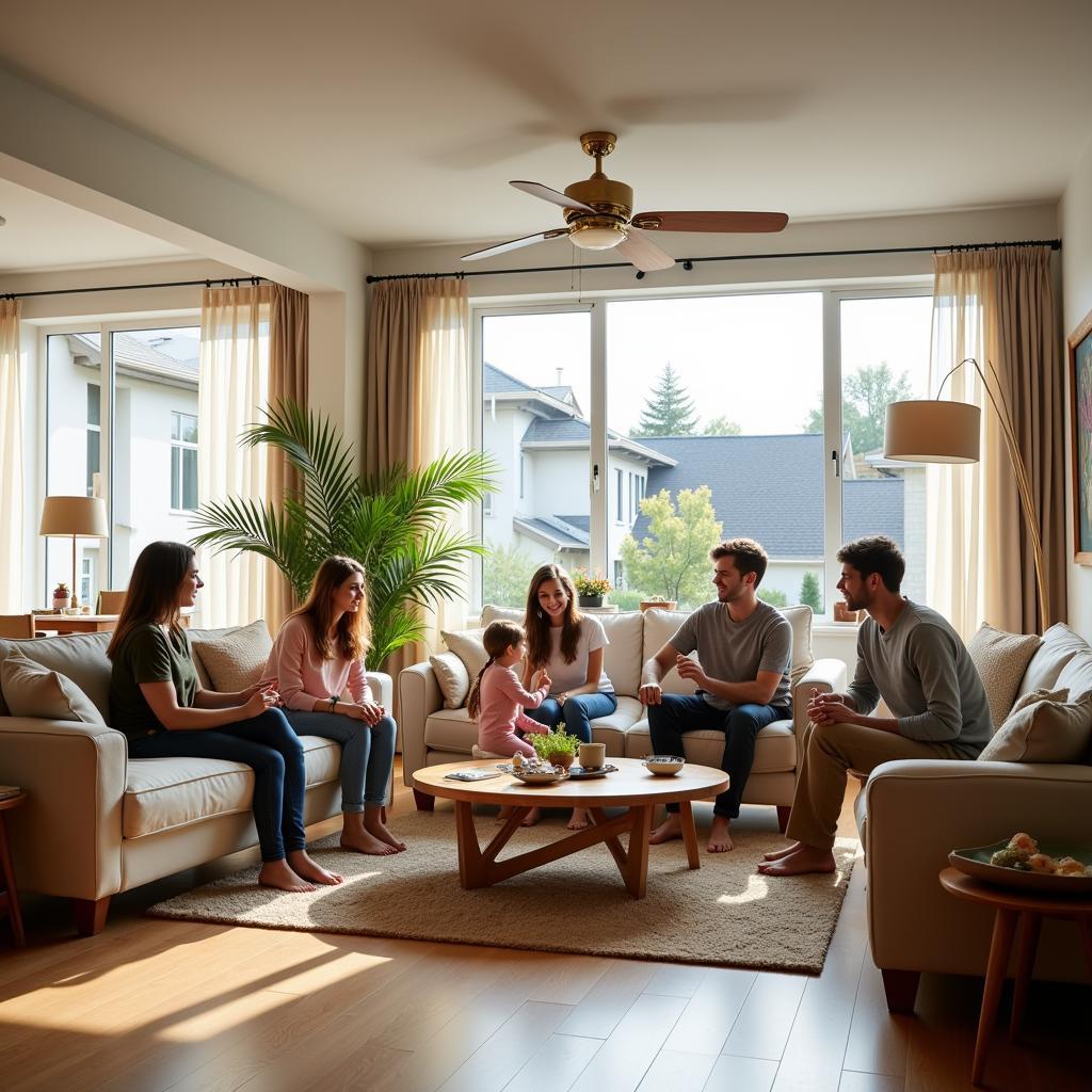 Family enjoying their time in a spacious living room of a homestay in JB Bukit Indah