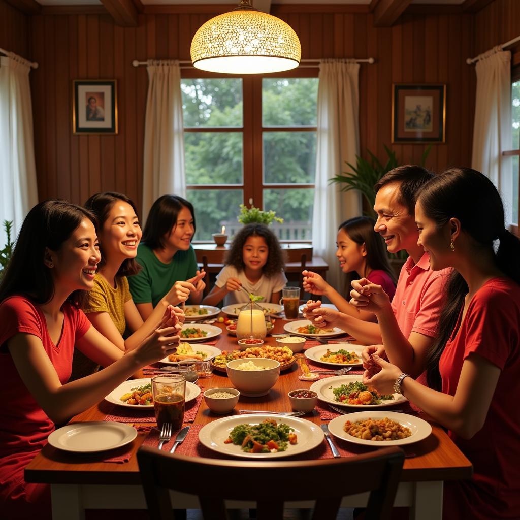 Family enjoying a meal together at a homestay kabin