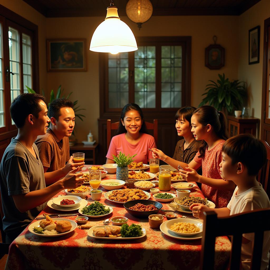 Family enjoying a traditional Kelantanese meal in a homestay near Pasar Siti Khadijah