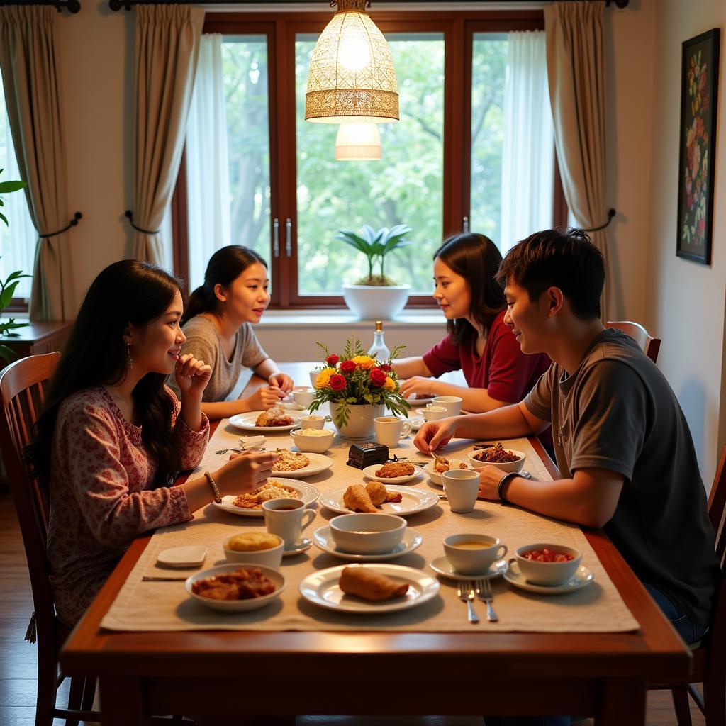 Family enjoying breakfast together in a Kota Damansara homestay