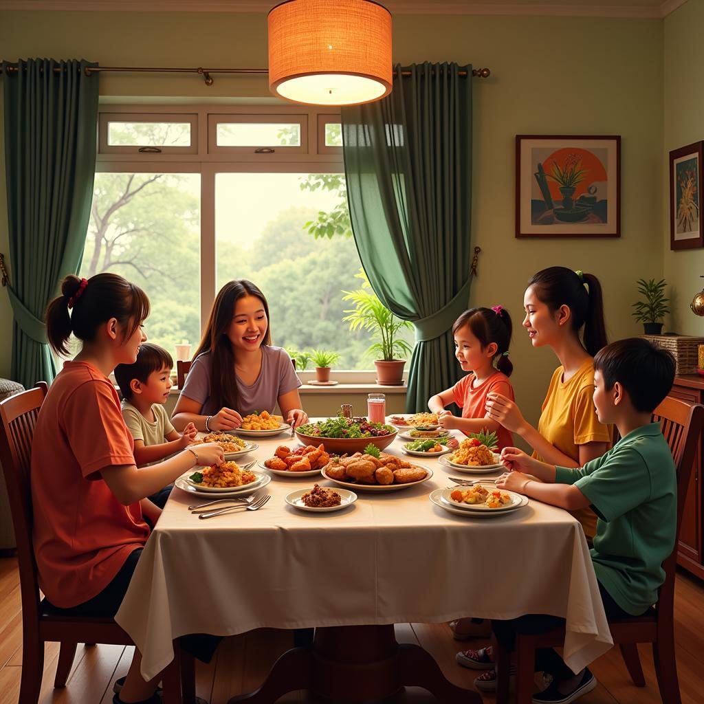 Family enjoying a traditional Malaysian dinner in a homestay in Kuantan Balok