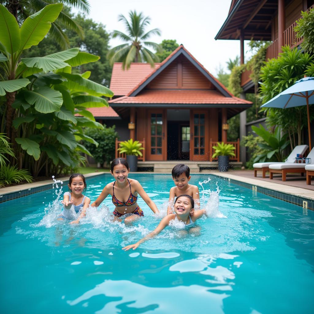 Family enjoying a Melaka homestay swimming pool