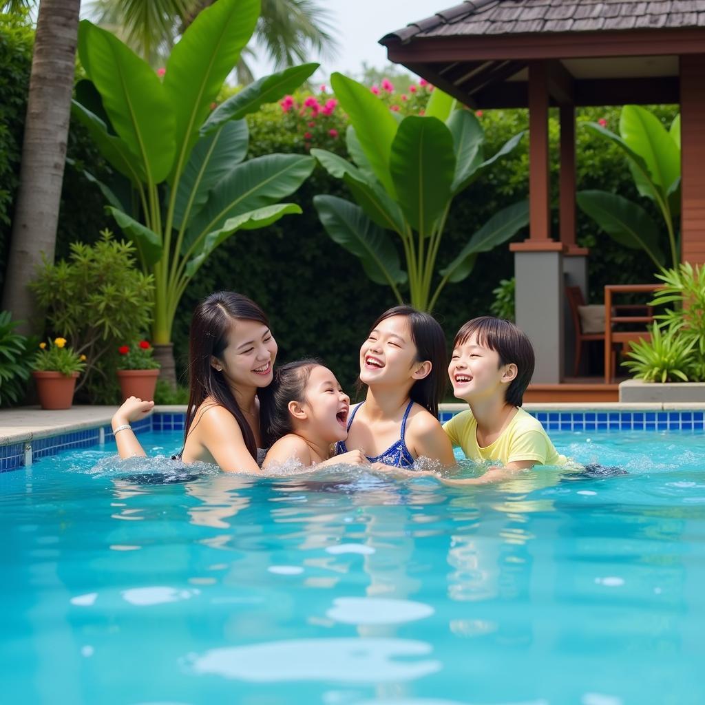 Family enjoying the pool at a homestay in Merlimau