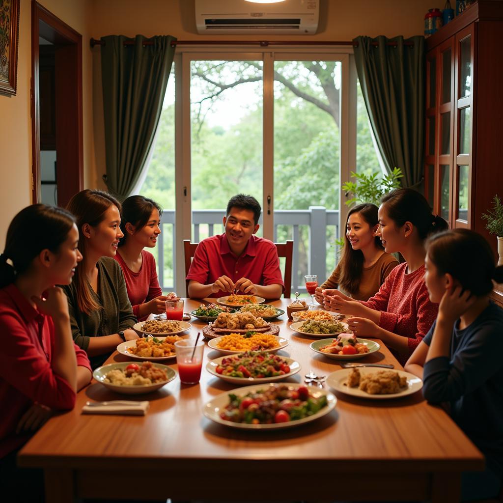 Family enjoying a traditional Malaysian meal in a homestay in Meru Kapar Selangor