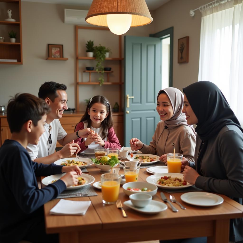 A family enjoys their stay at a Muslimah homestay