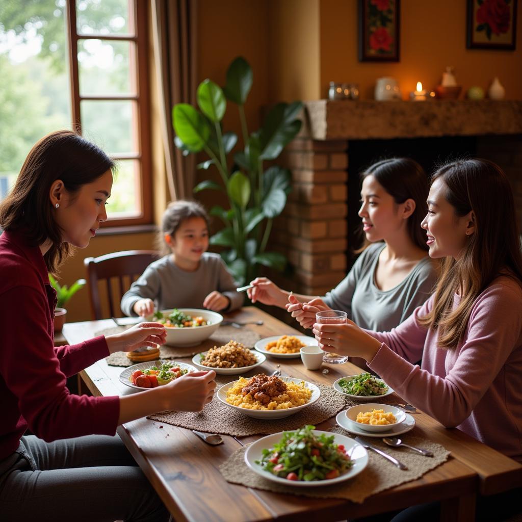 Family enjoying a meal together in a homestay near Honnemaradu