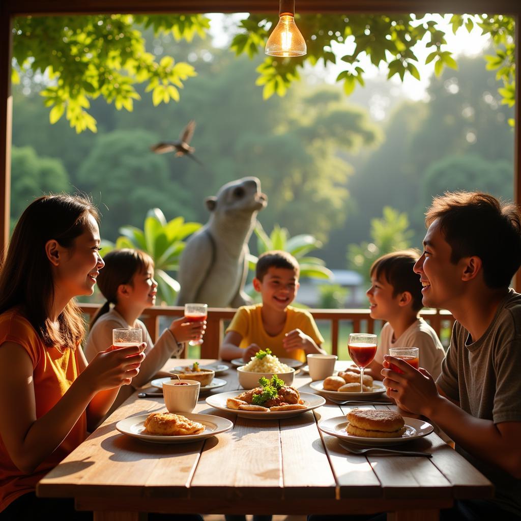 Family enjoying a traditional Malaysian breakfast at a homestay near Taiping Zoo