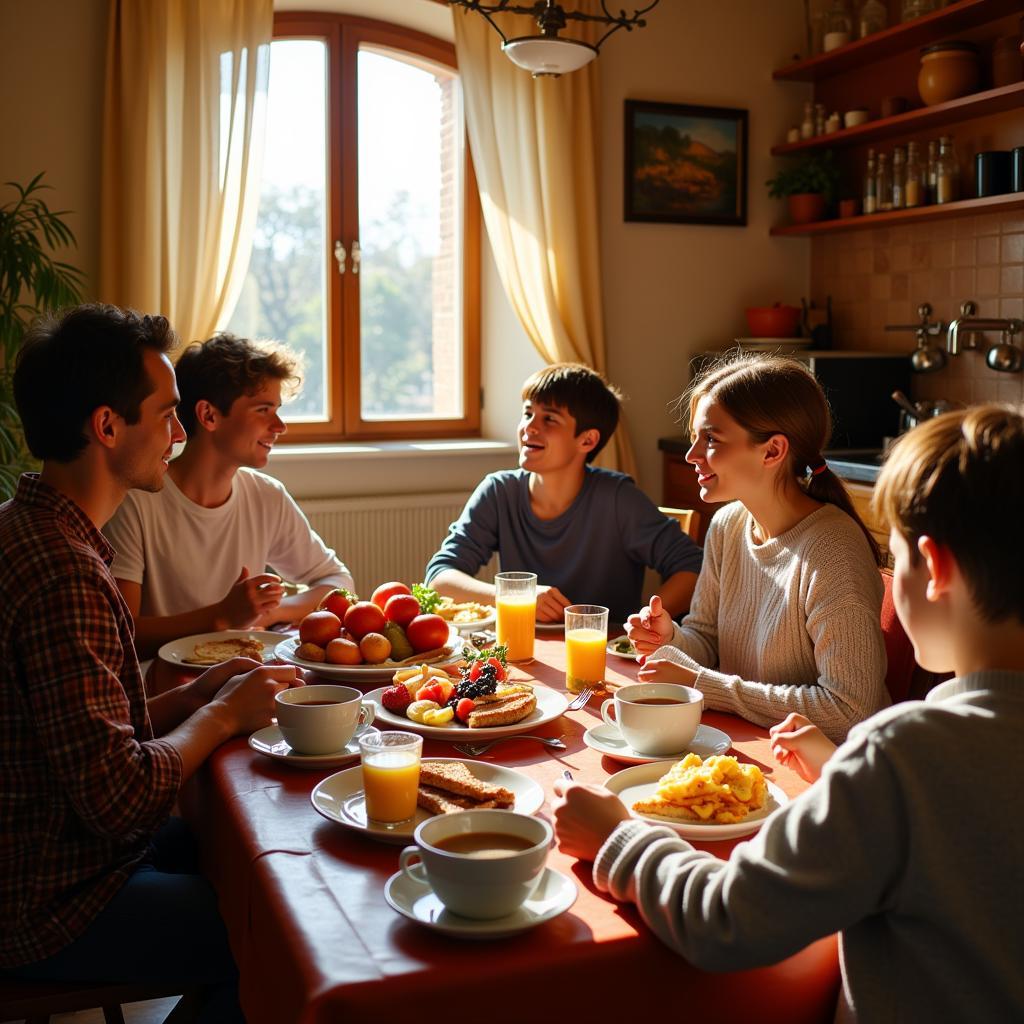 Family enjoying a traditional Spanish breakfast in a homestay pita