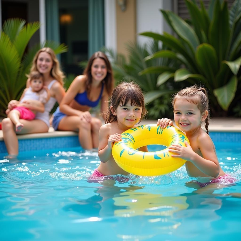 Families enjoying the pool at a homestay in Kuala Terengganu, highlighting the benefits of having a private pool during your vacation.