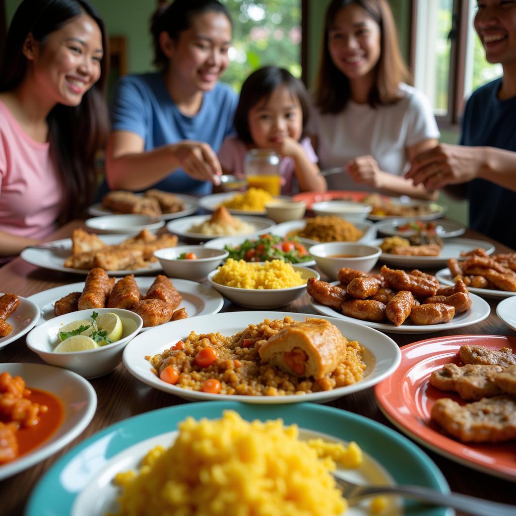 Enjoying a traditional Malay meal with a family in a Pulau Gadong homestay.