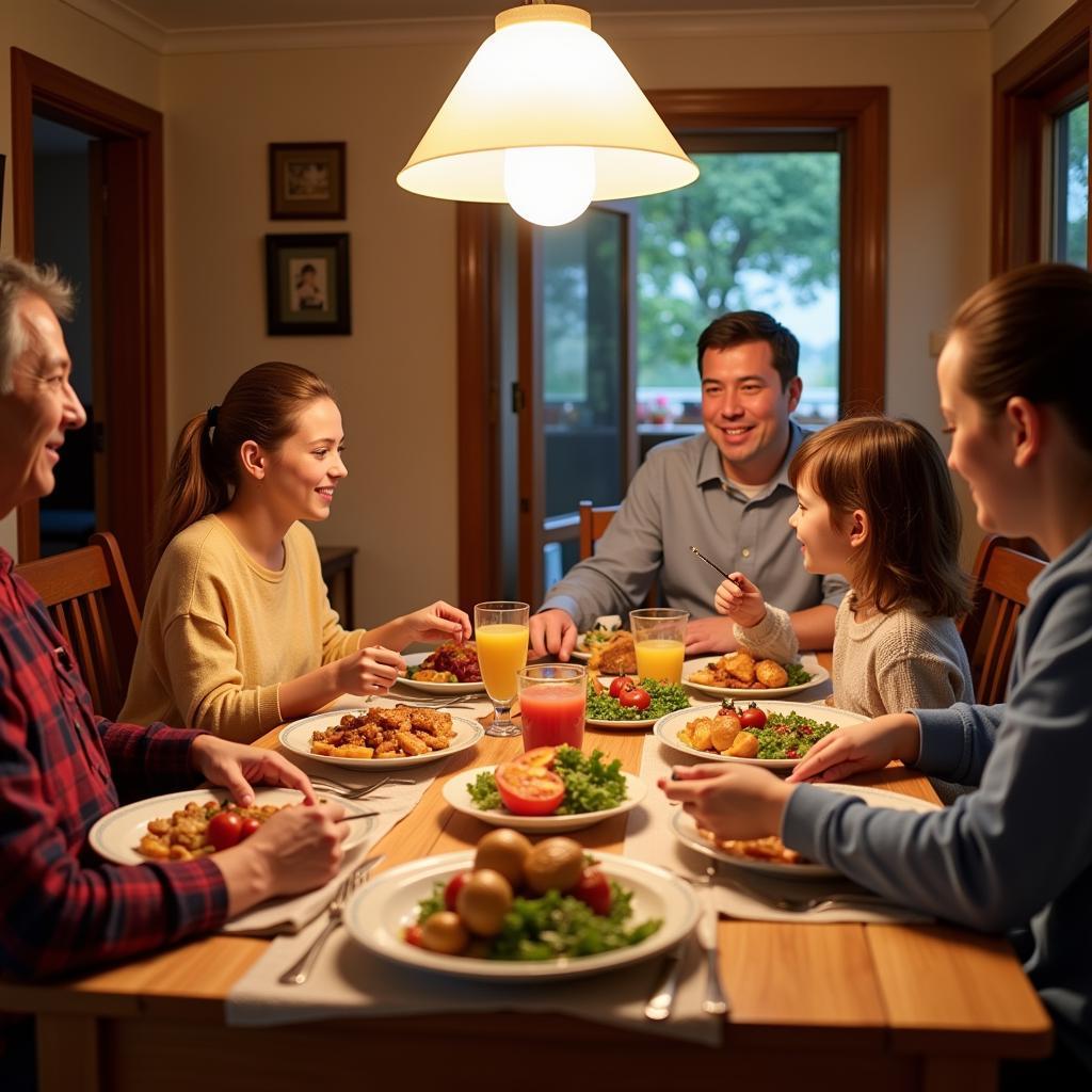 Family enjoying dinner with their Queensland homestay host