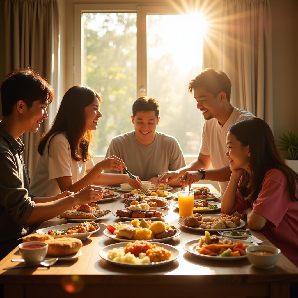 Family enjoying a traditional Malaysian breakfast at their homestay in Seri Iskandar