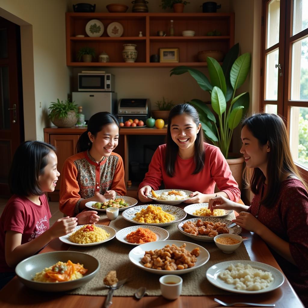 Family enjoying a meal together in a Sungai Tekali homestay