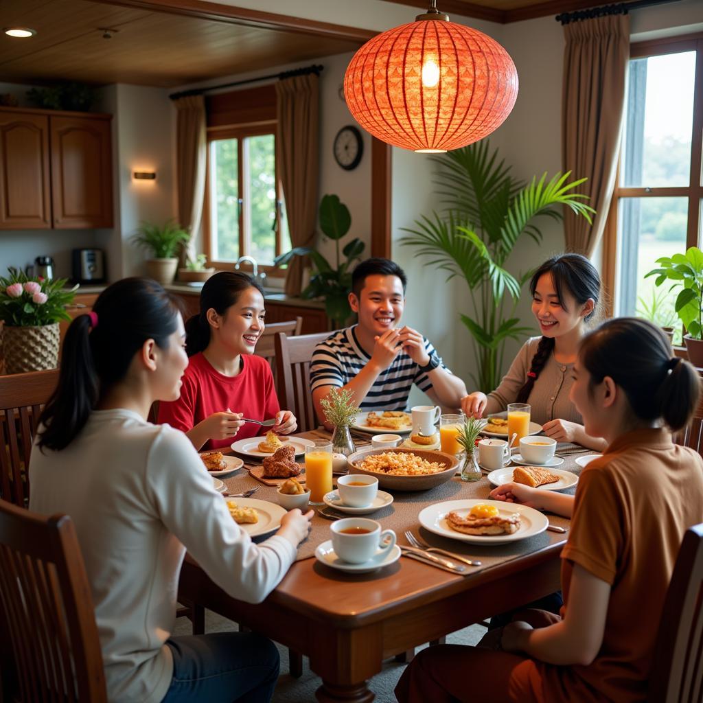 Family enjoying breakfast at a homestay in Taman Mahsuri Jitra