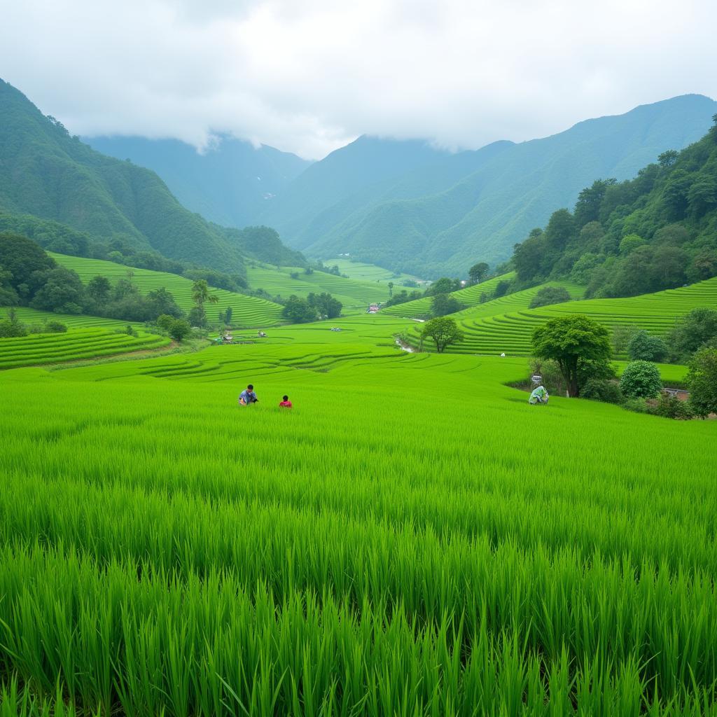 Scenic Rice Paddies in a Thai Village