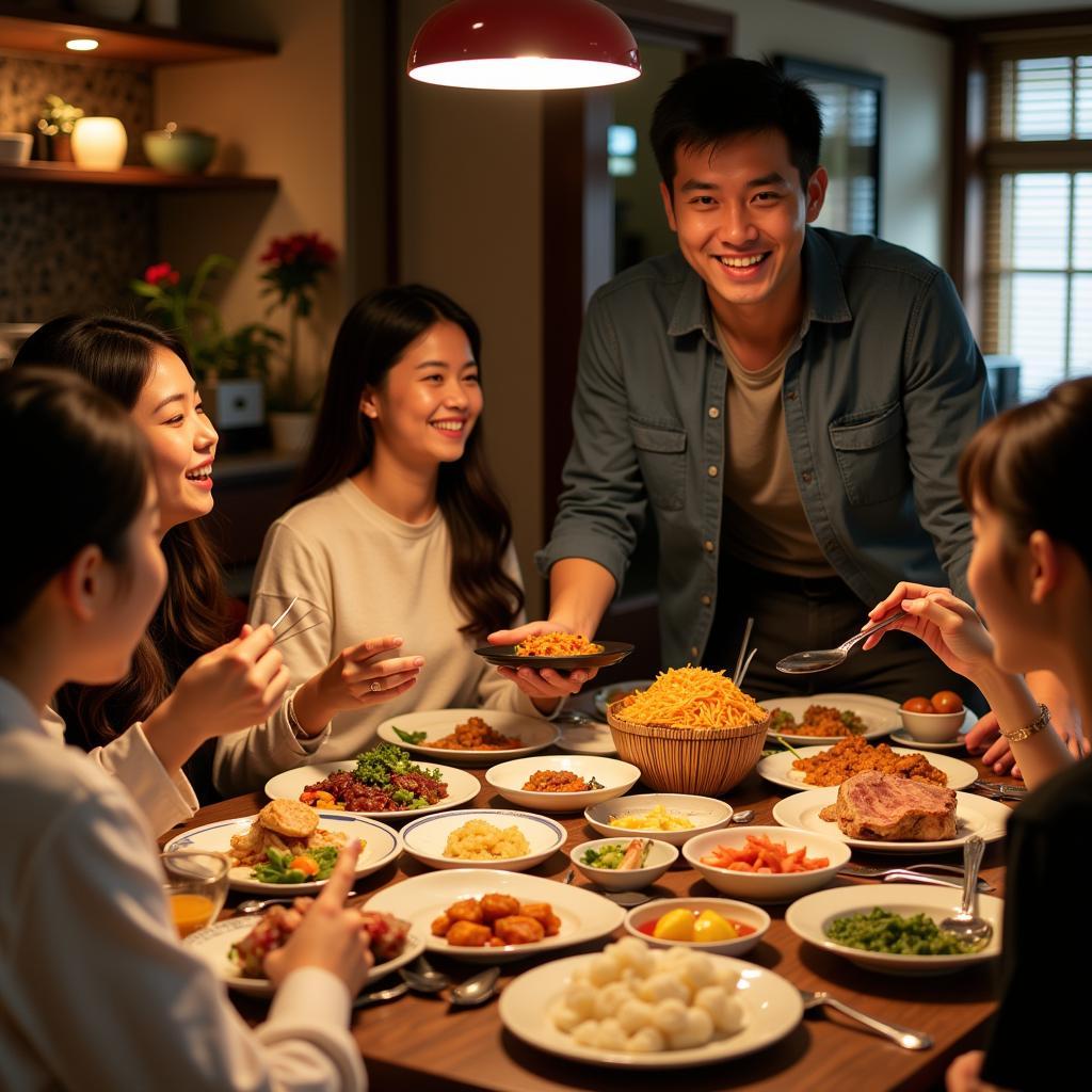 Hualien homestay family enjoying a traditional Taiwanese dinner together.