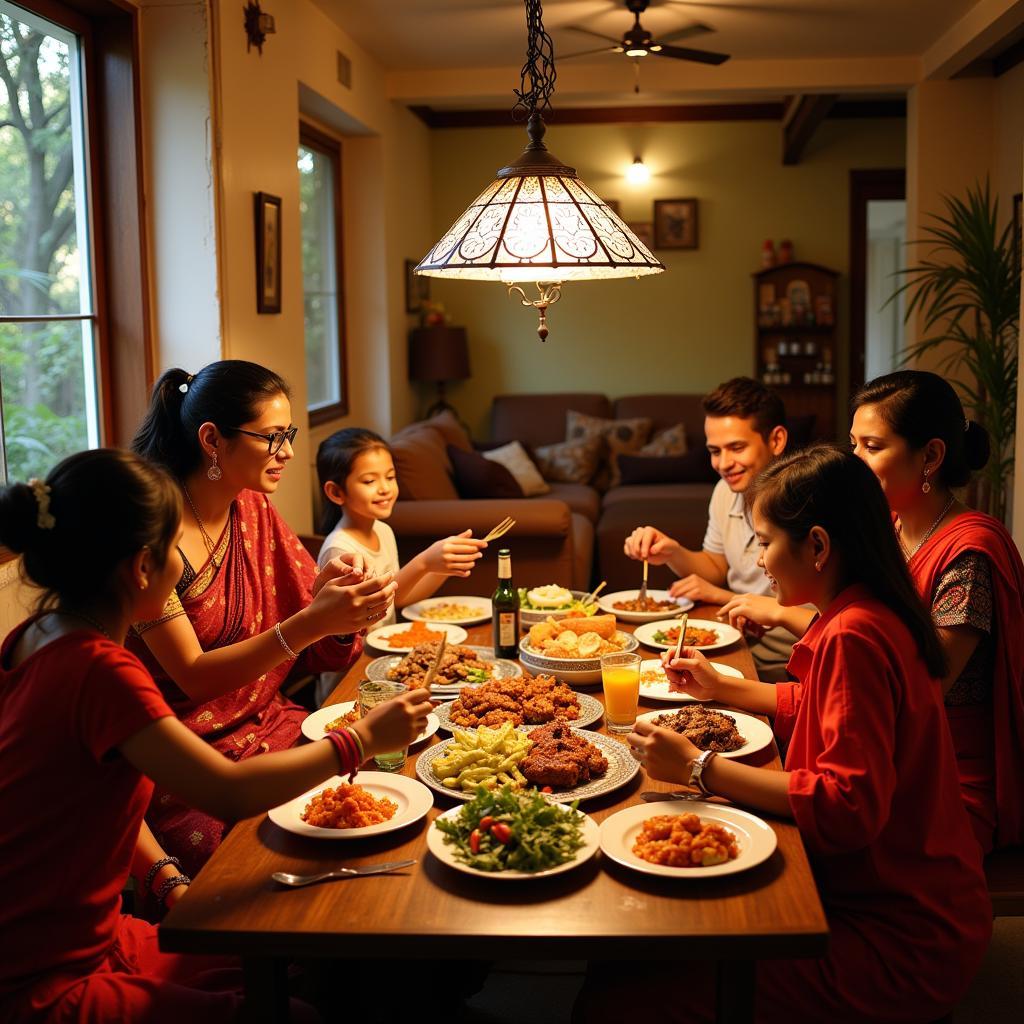 Family enjoying a meal together at a homestay in Hyderabad