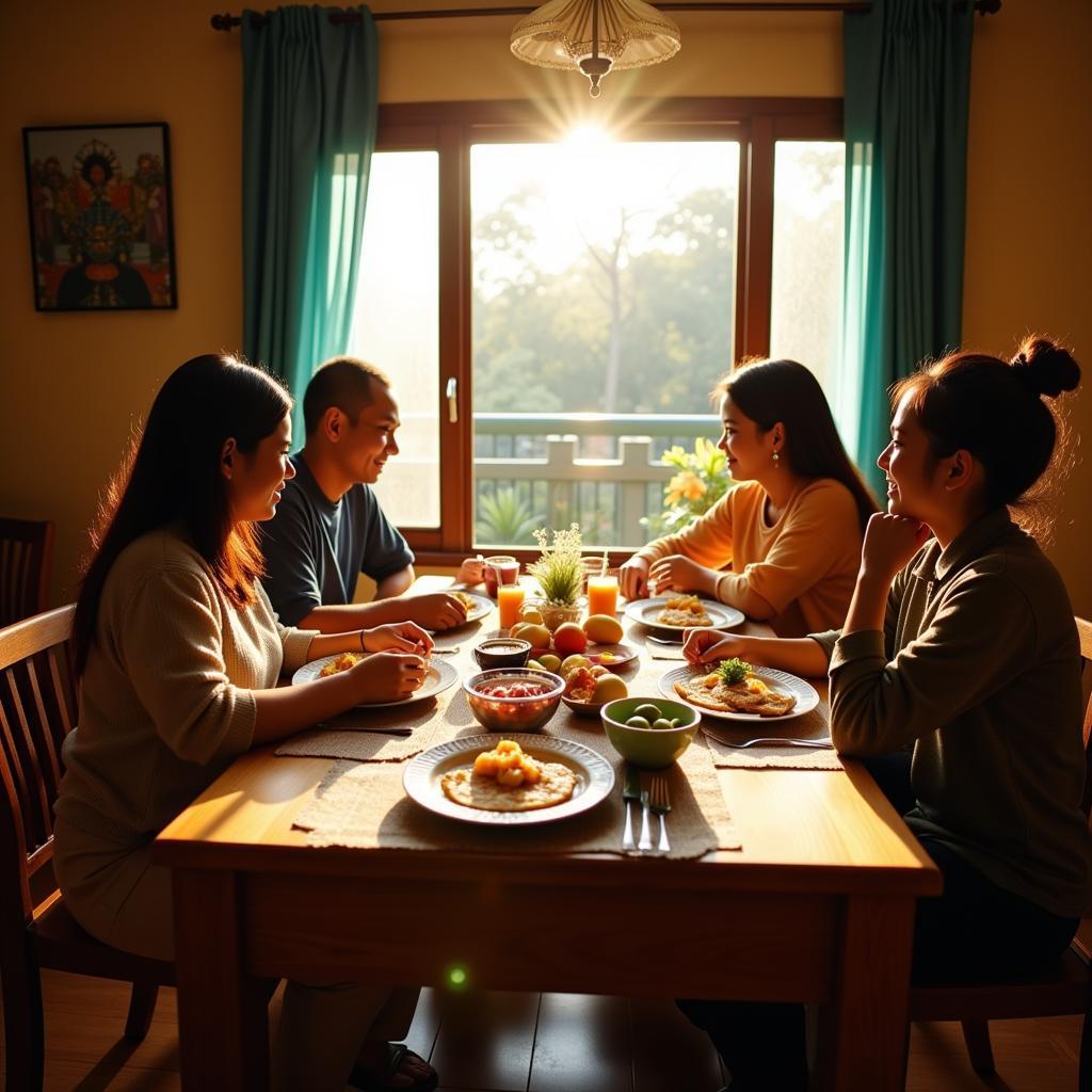 Family enjoying breakfast at a homestay in Ipoh