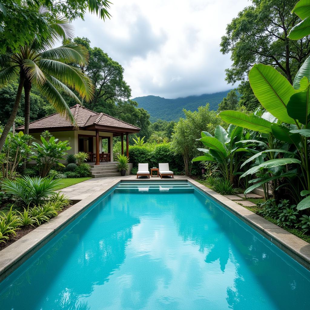 Tranquil view of a private swimming pool overlooking the lush rainforest at a Janda Baik homestay.