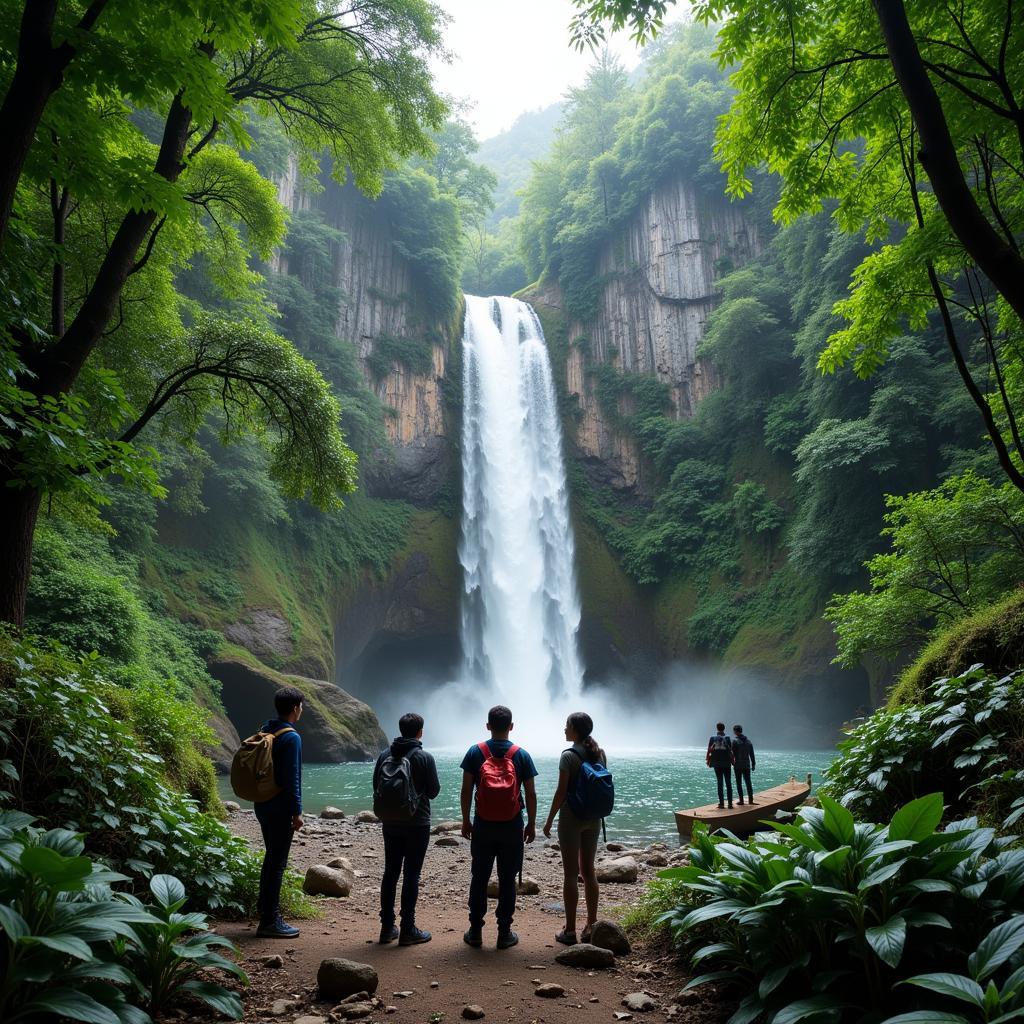 Hikers enjoying the scenic beauty of a waterfall in Janda Baik.