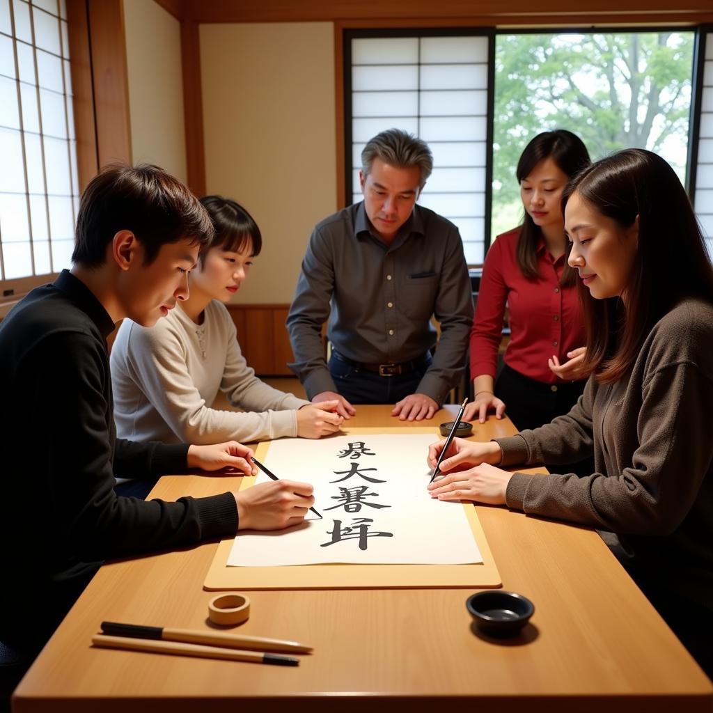 Learning calligraphy with host family during Japanese homestay