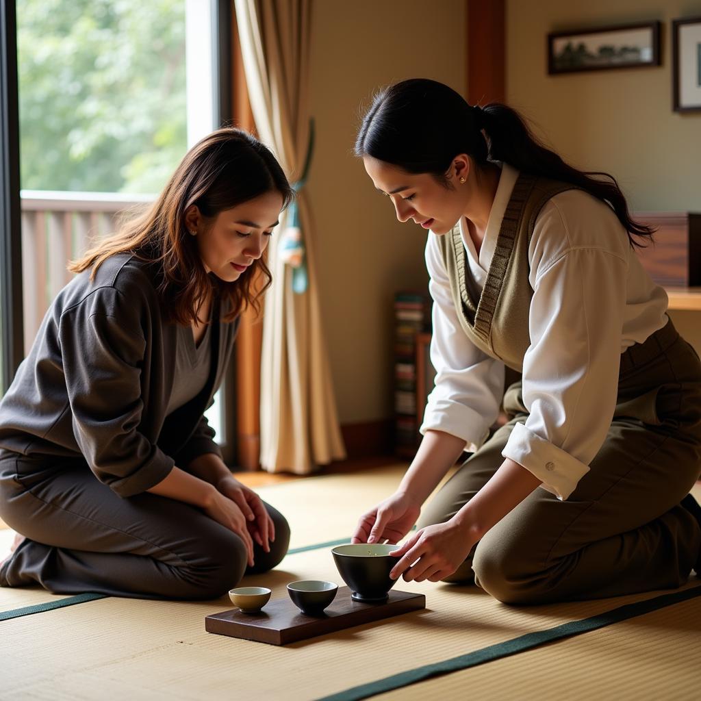 Participating in a traditional Japanese tea ceremony during a homestay