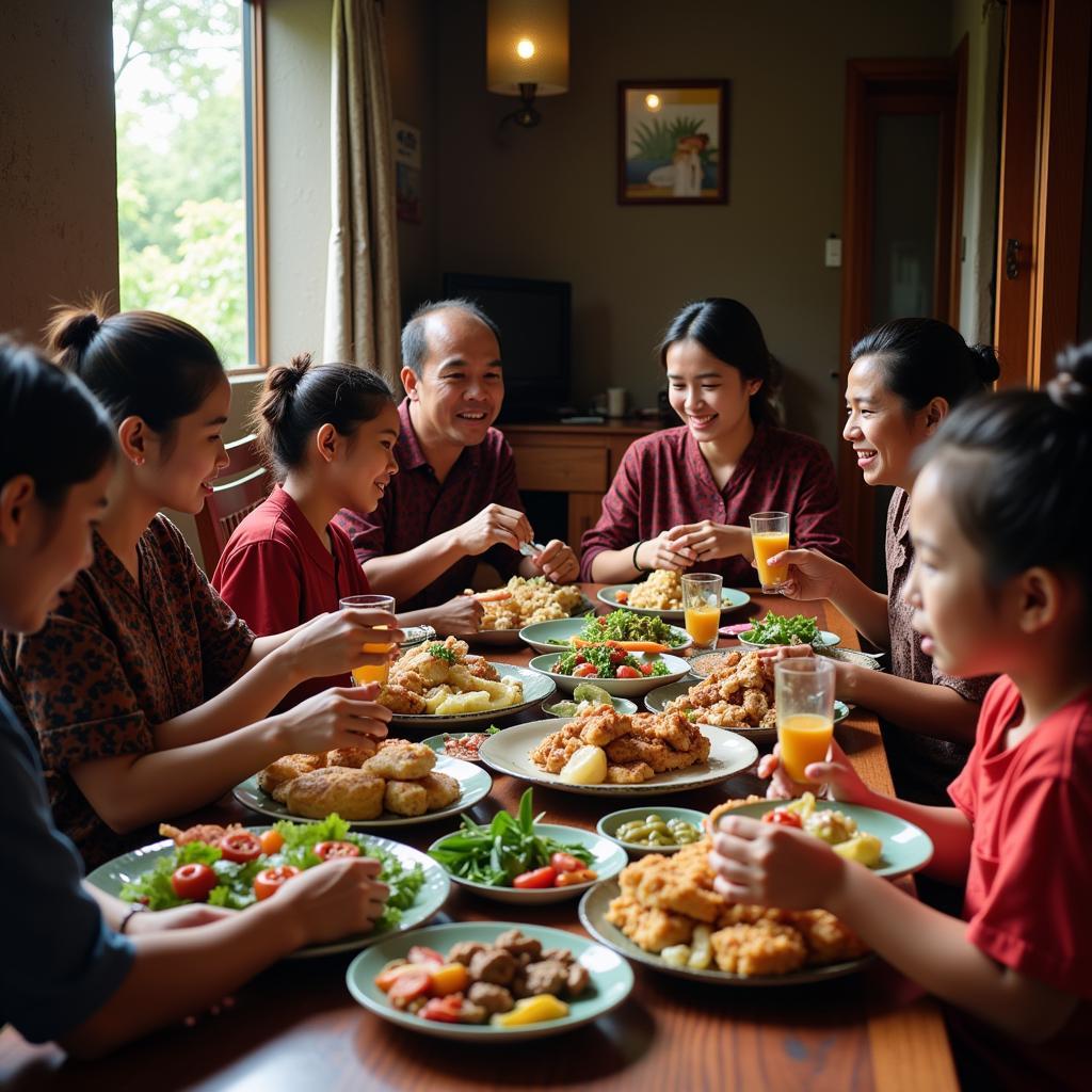 Sharing a traditional Javanese meal with a family in a homestay at Parangtritis.