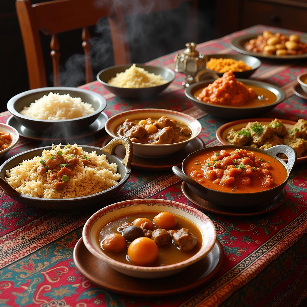 A table laden with traditional Kashmiri dishes at Almond Villa Homestay, including Rogan Josh, Yakhni, and rice.