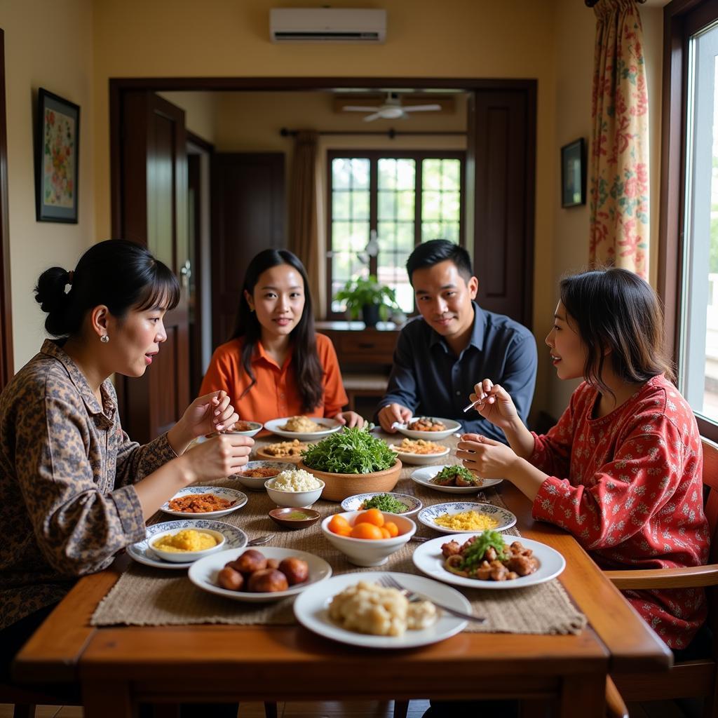 Family enjoying a traditional Malay meal in a Kelantan homestay