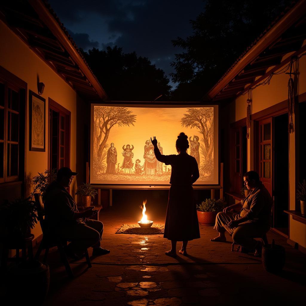 Guests enjoying a traditional Wayang Kulit performance in a Kelantan homestay