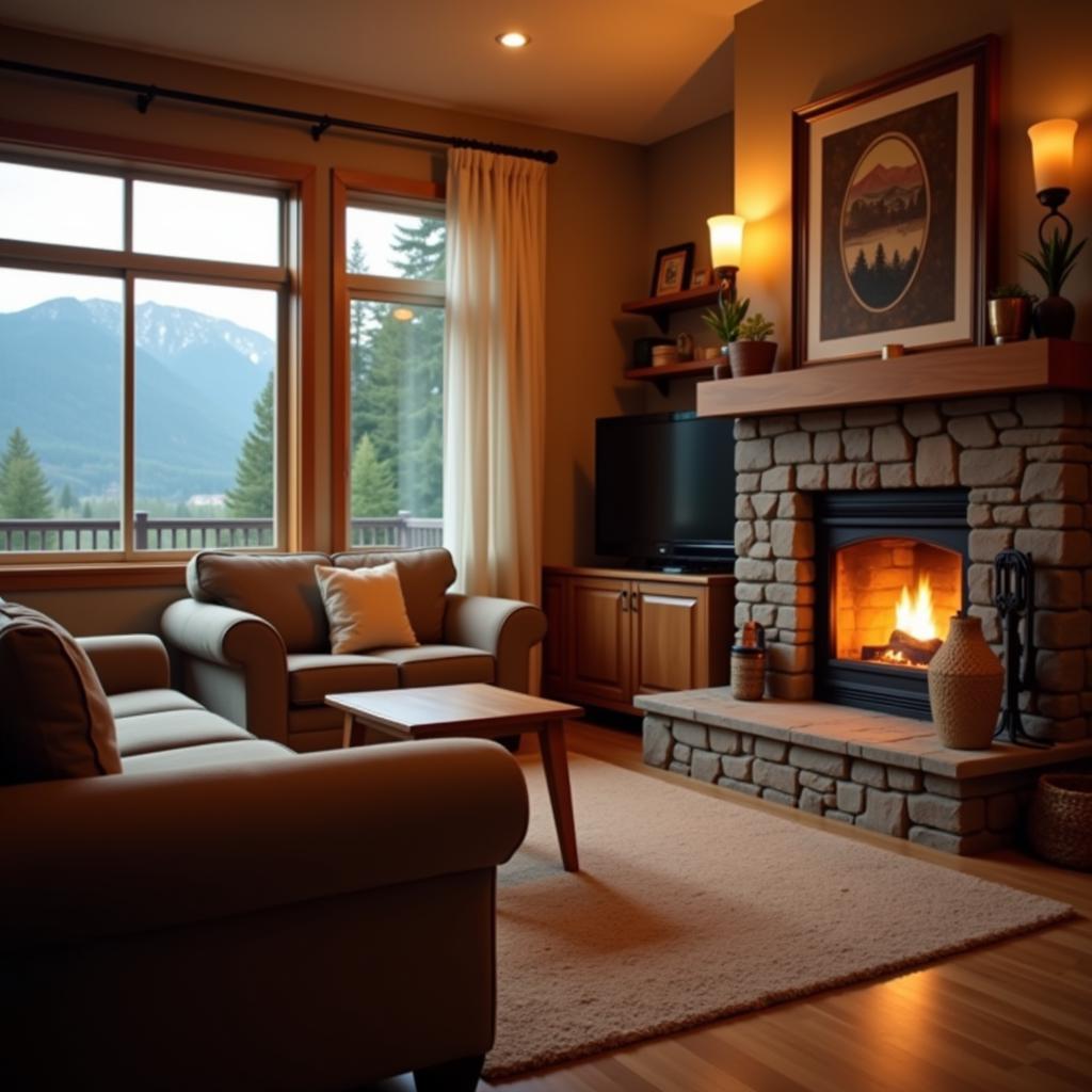 Relaxing in the comfortable living room of a Kelowna homestay with a fireplace and cozy furnishings