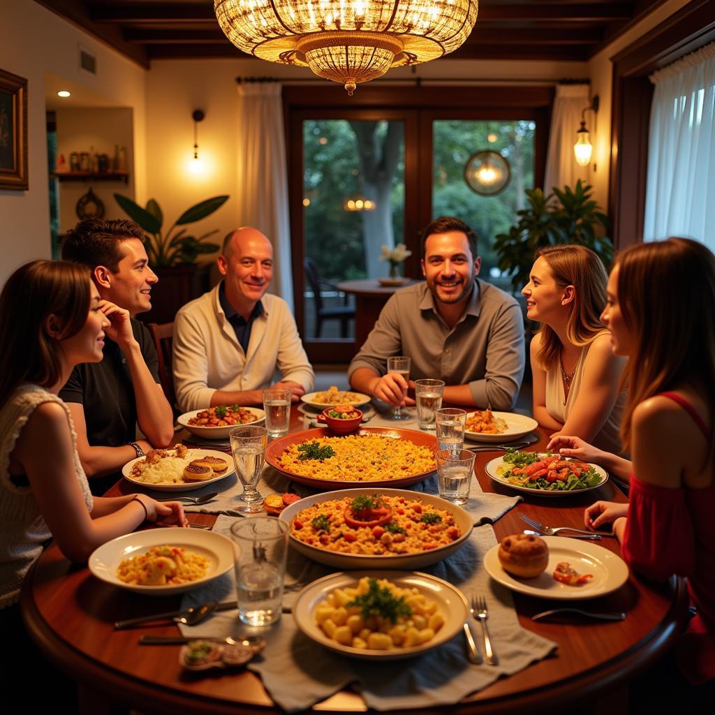 Family enjoying a traditional Spanish dinner in a Kelvin Grove homestay