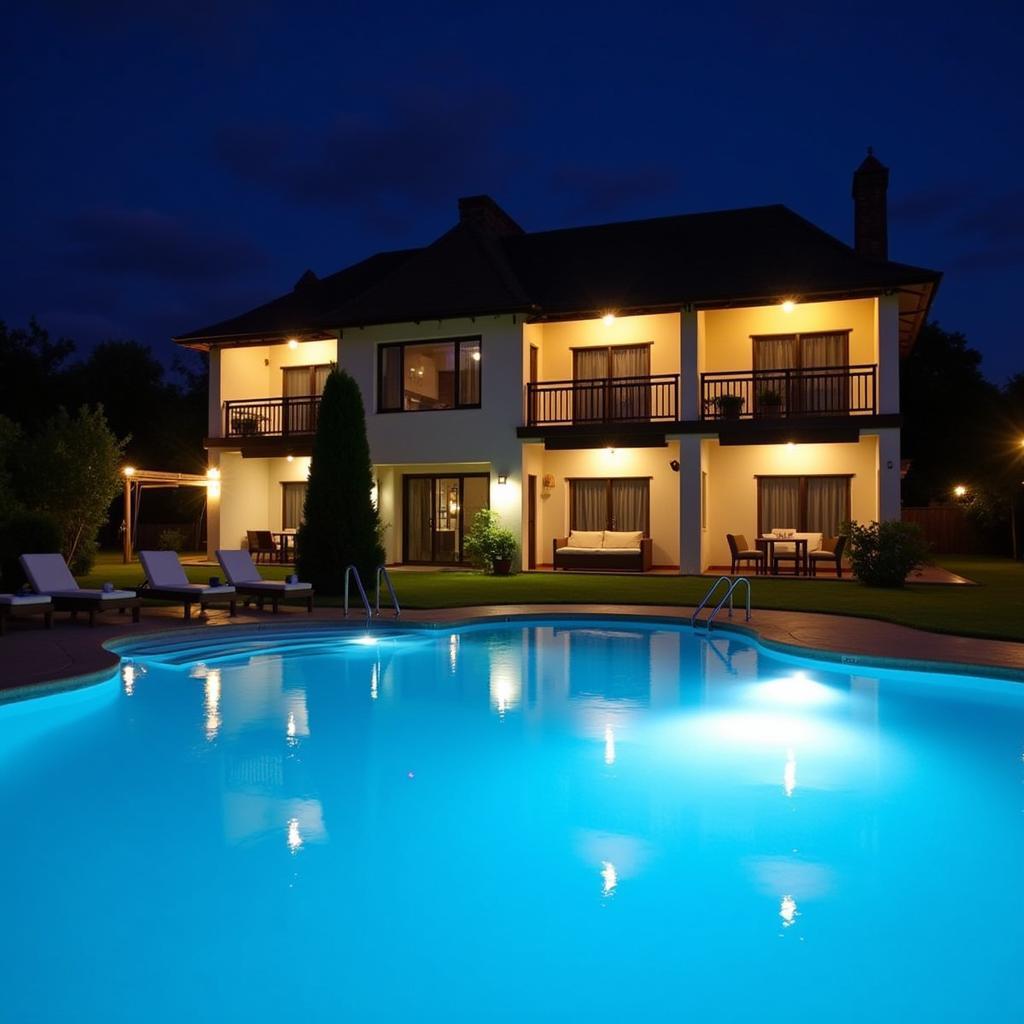 Night view of a swimming pool at a Klang homestay