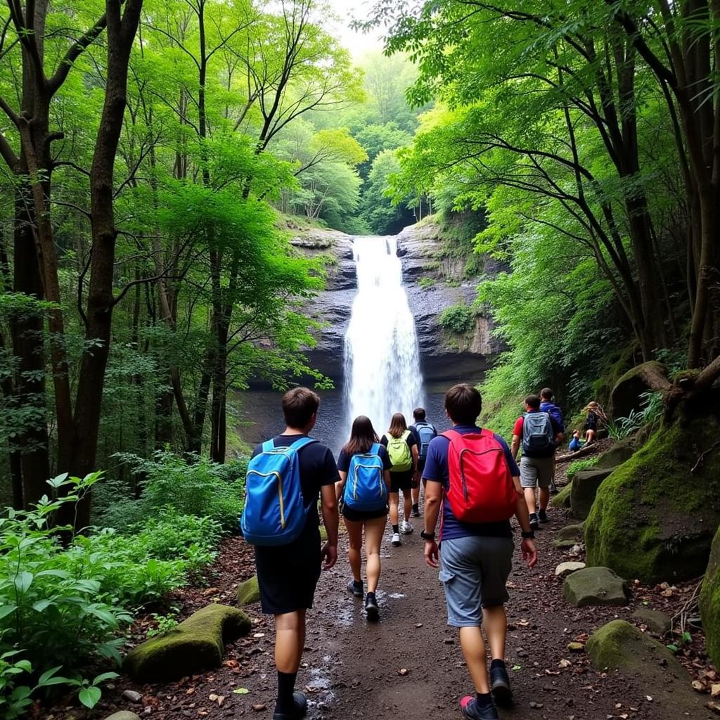 Adventurous travelers trekking to a scenic waterfall near Ambika Homestay in Kodachadri, showcasing the region's natural beauty.