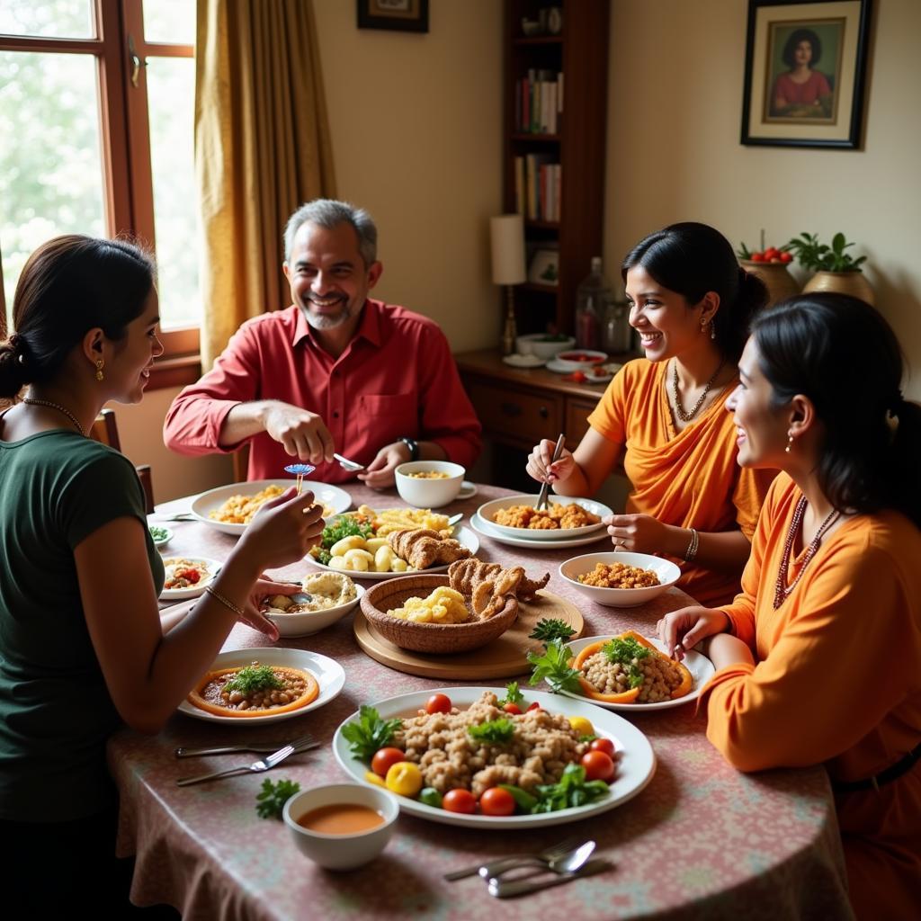 A family enjoying a meal together in a Kodaikanal homestay