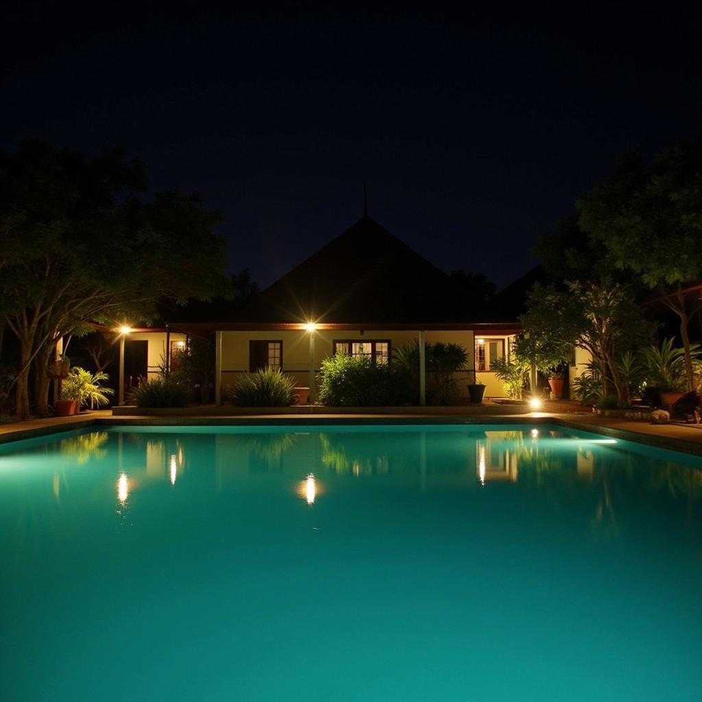 Tranquil night view of a Kuala Kangsar homestay pool