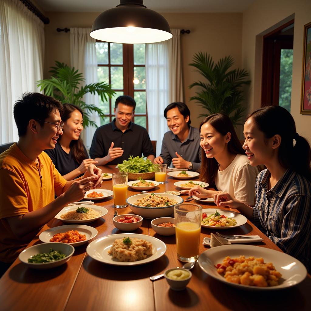 A family sharing a traditional Malaysian meal in a homestay