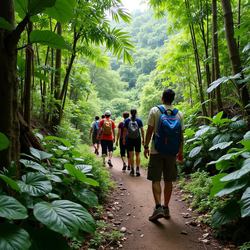 Homestay guests trekking through the jungle near Kuala Sentul